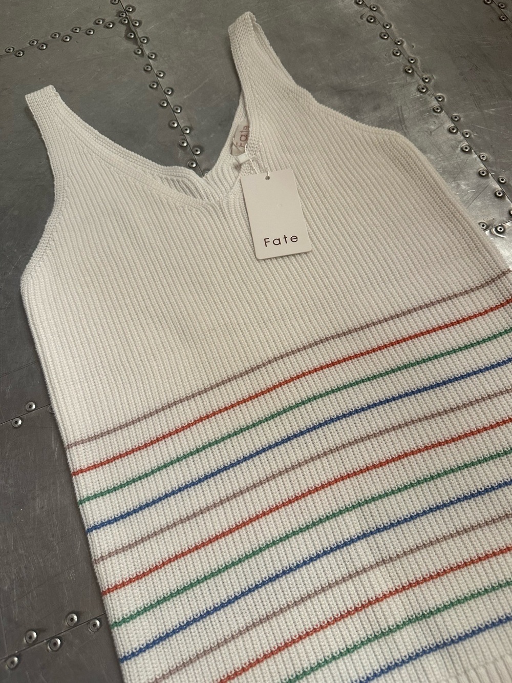 New Fate White Knit Tank with multi color Stripes 100% cotton size small